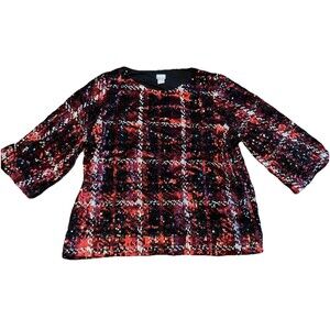 Chico's Women’s Sequin Sweater 3 Lined Red Black White Plaid Party Holiday EUC